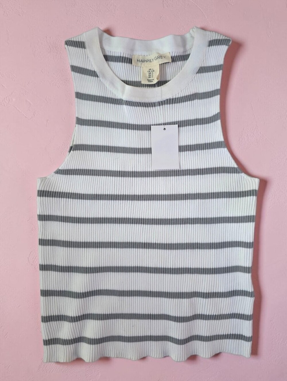 NWT Happily Grey Ribbed Tank Top Large White Gray Stripe Sleeveless Knit